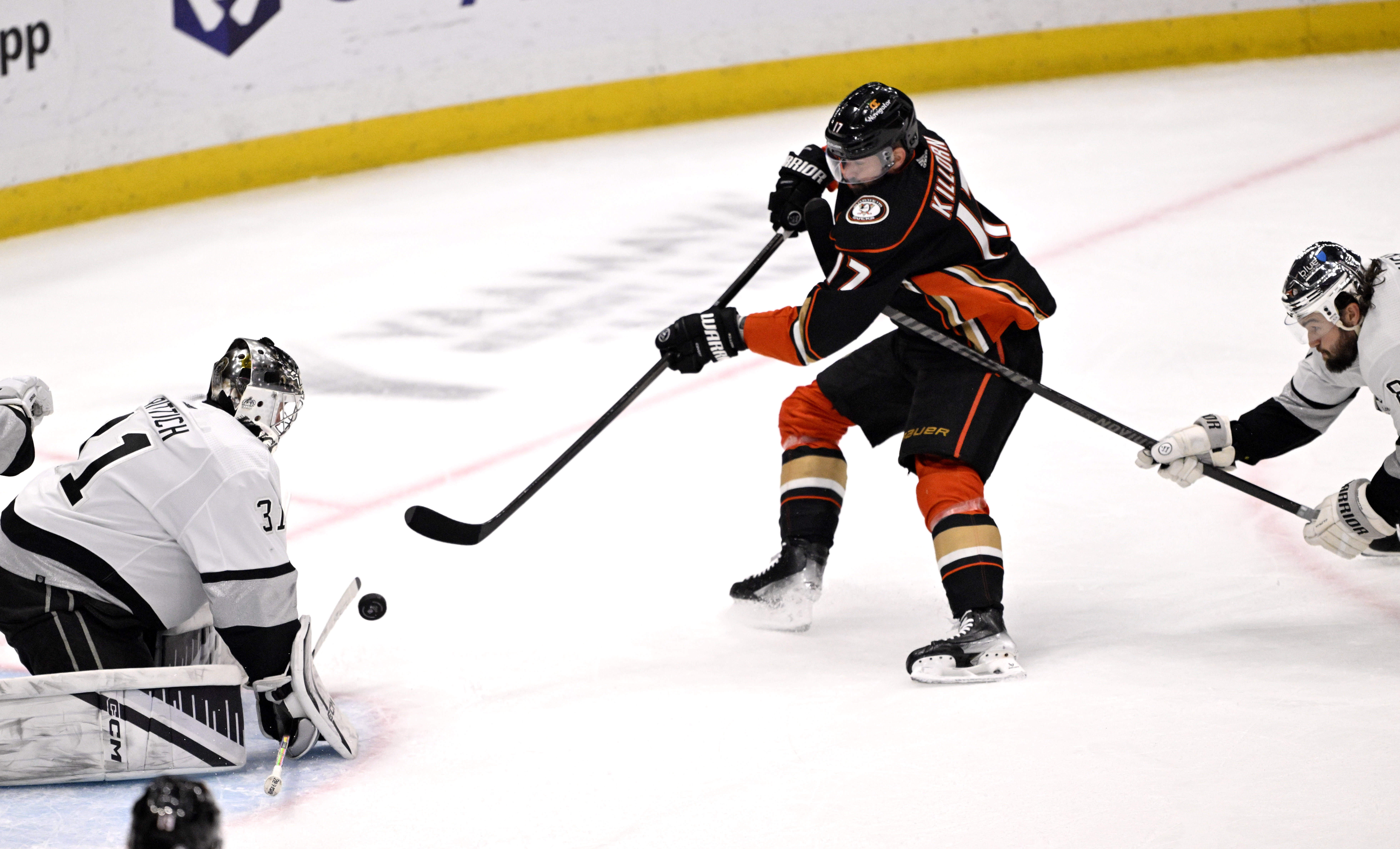 Alex Killorn #17 of the Anaheim Ducks takes a shot...
