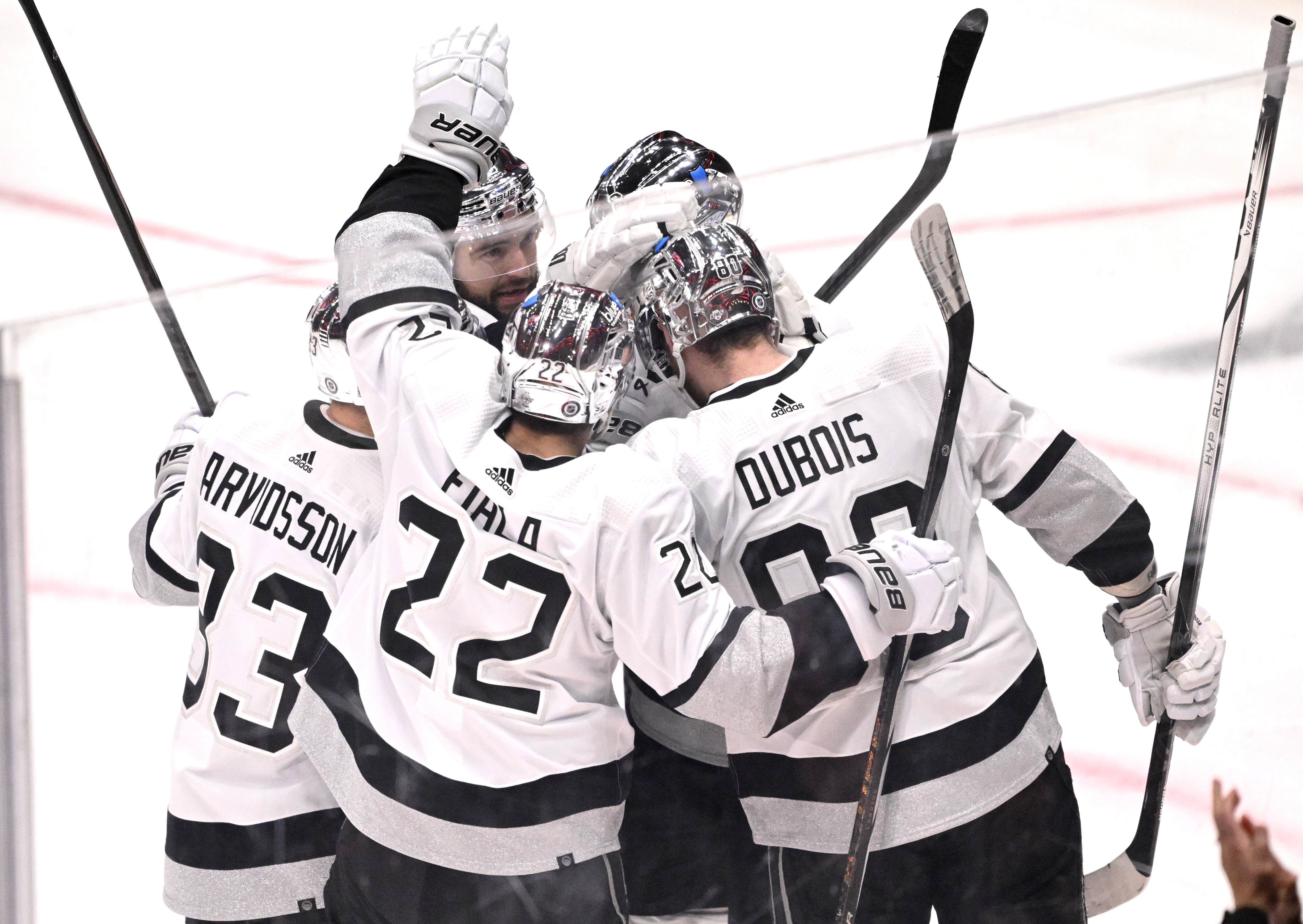 Pierre-Luc Dubois #80 of the Los Angeles Kings celebrates with...