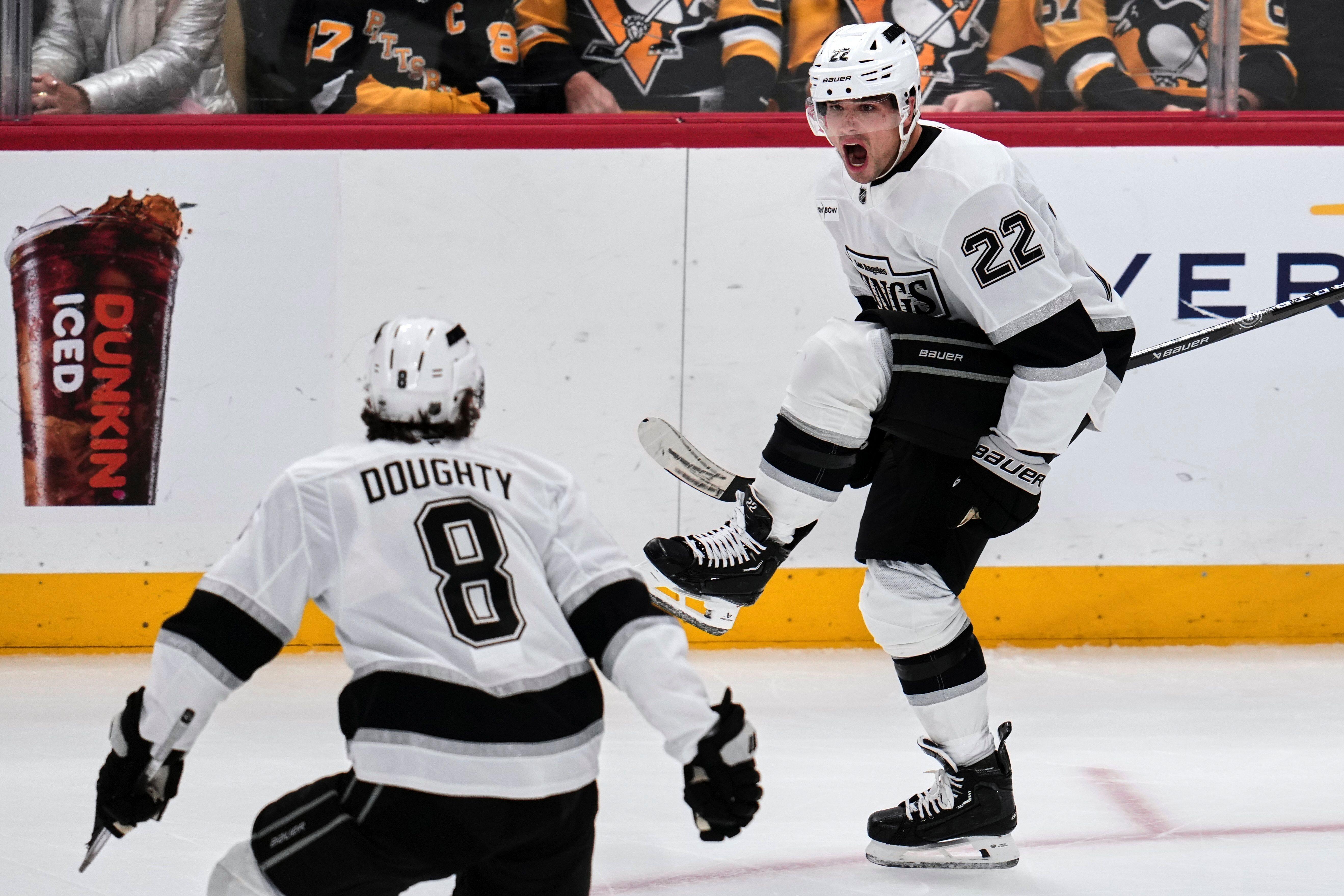 Kings’ Kevin Fiala (22) celebrates after his goal with Drew...