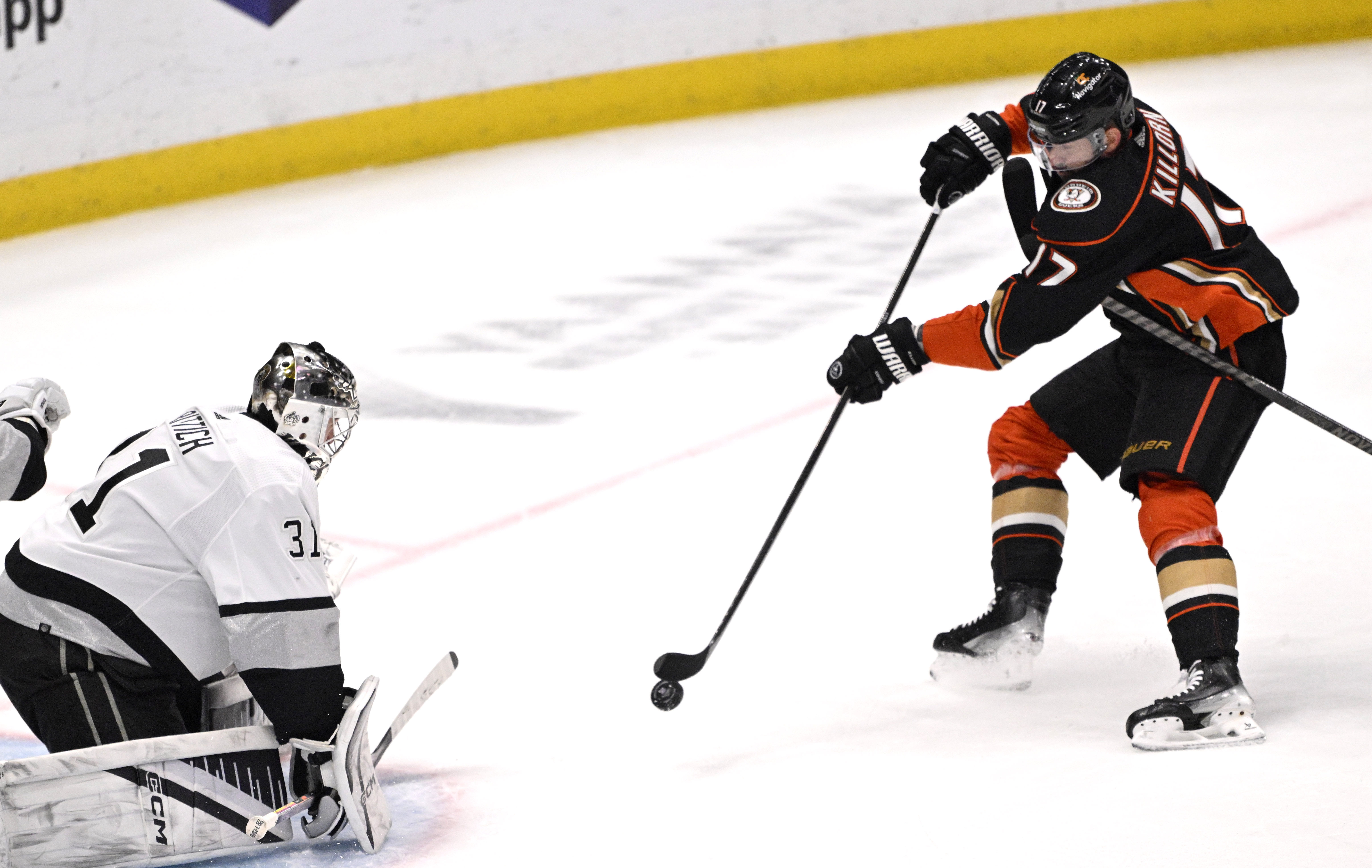 Alex Killorn #17 of the Anaheim Ducks takes a shot...