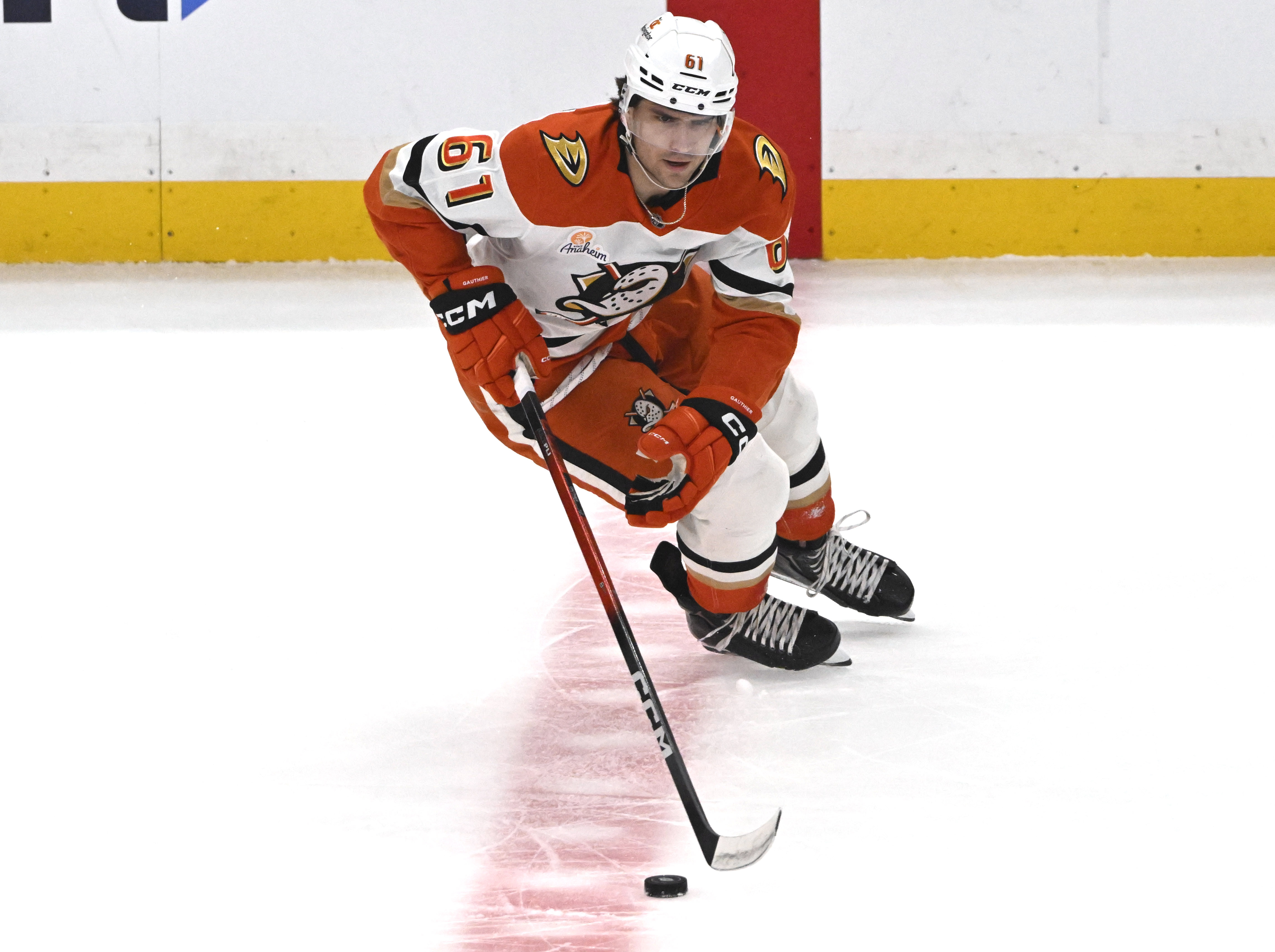Ducks rookie Cutter Gauthier controls the puck during the first...