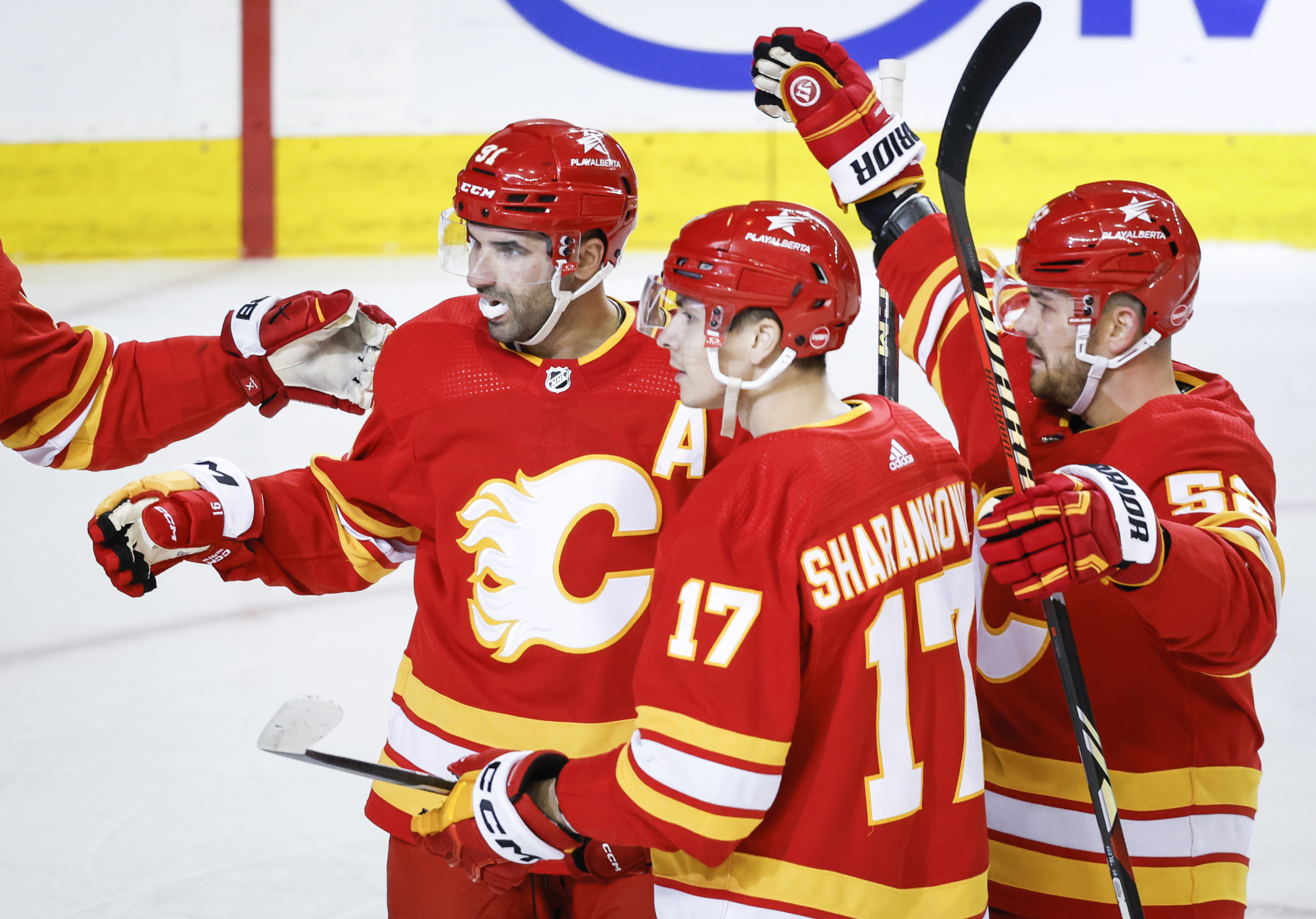 Calgary Flames forward Nazem Kadri (91) celebrates his goal against...
