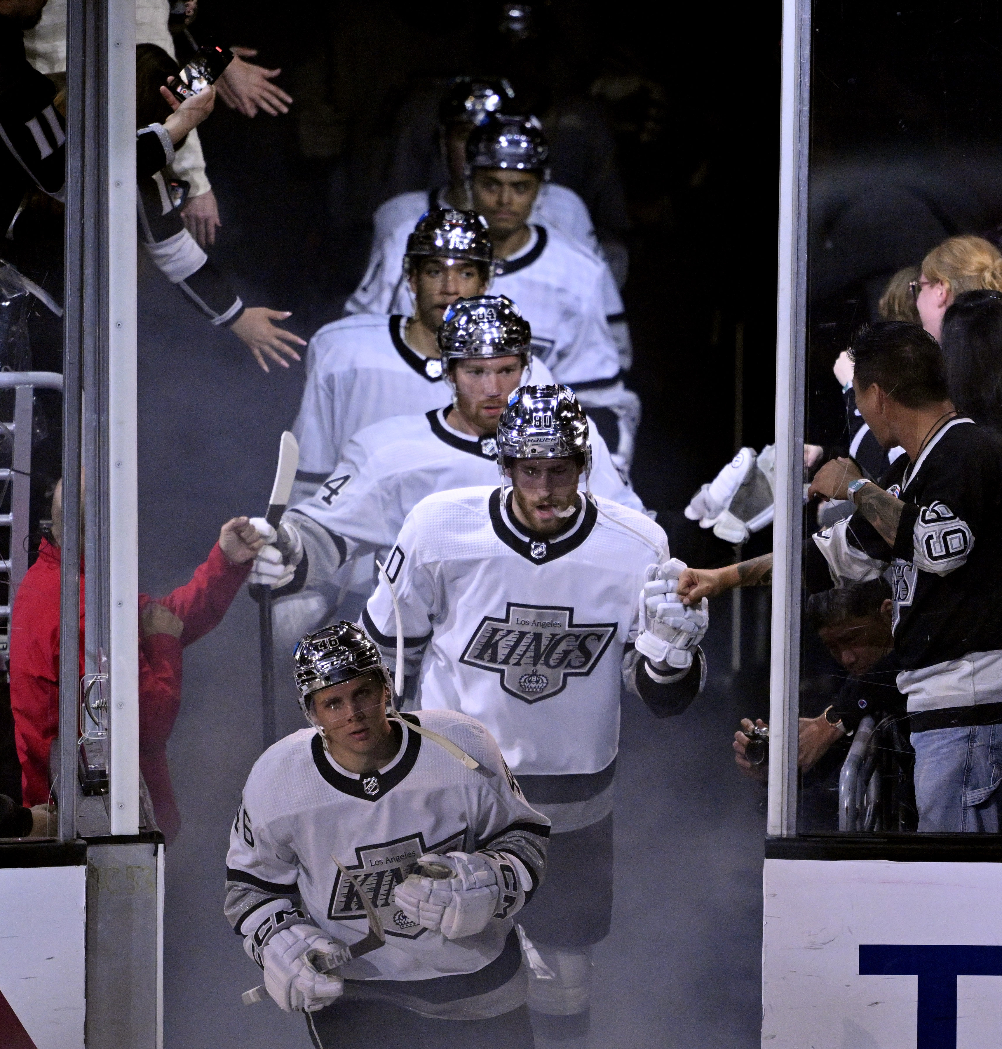 Los Angeles Kings enter the ice prior to a NHL...