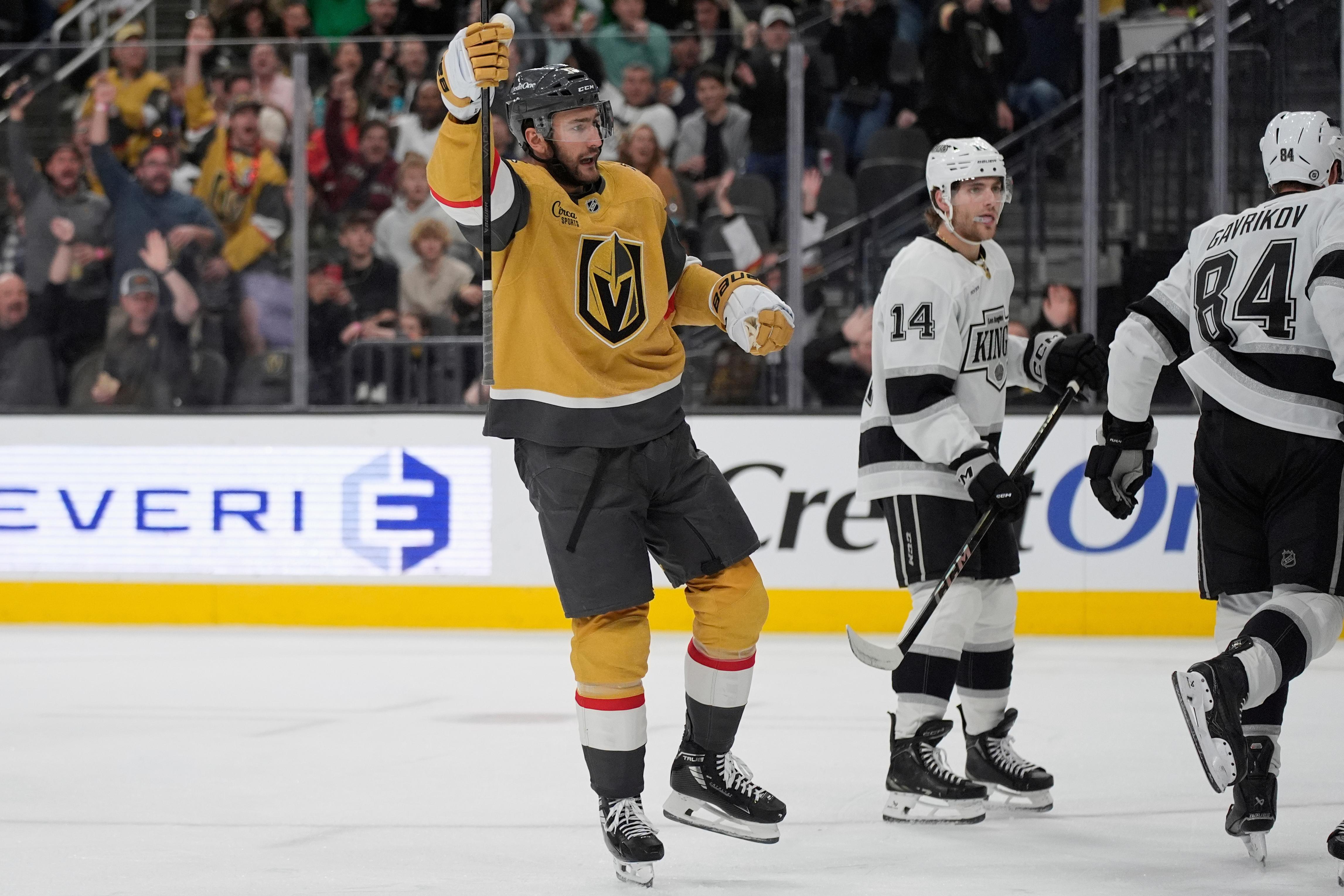 Vegas Golden Knights center Nicolas Roy (10) celebrates after scoring...