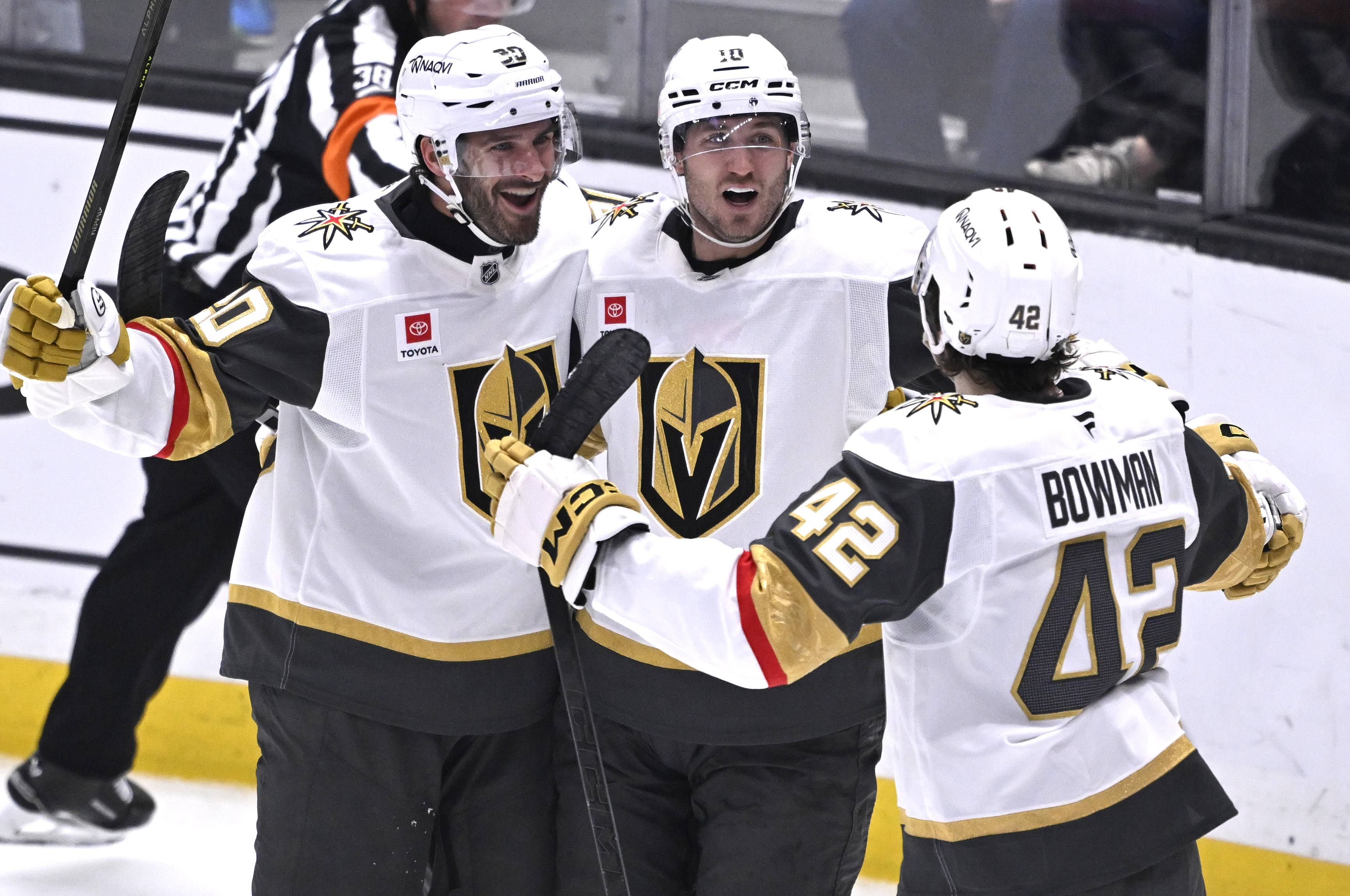 Vegas Golden Knights center Colton Sissons (10) celebrates with teammates...