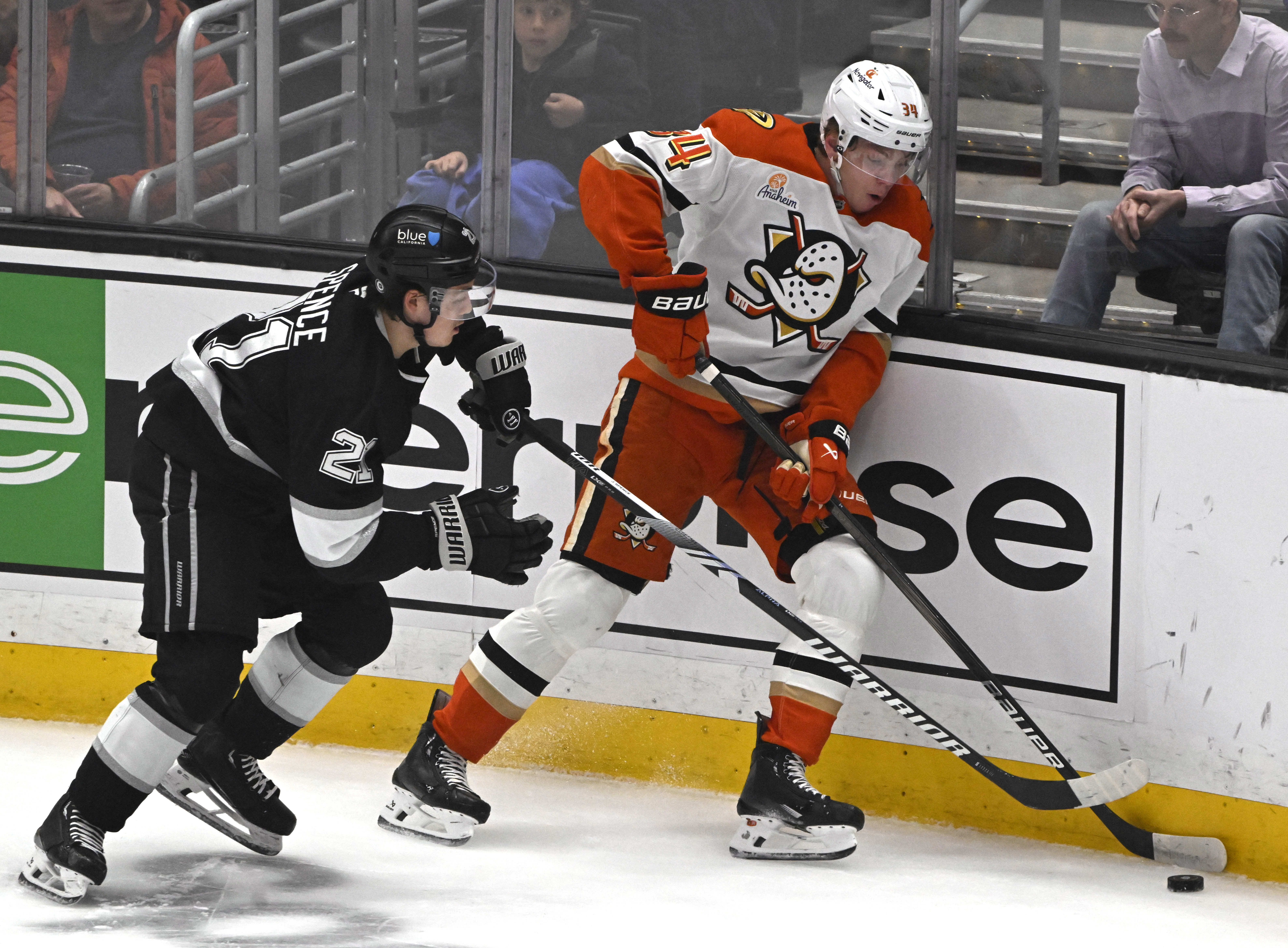 The Ducks’ Pavel Mintyukov, right, battles for the puck against...