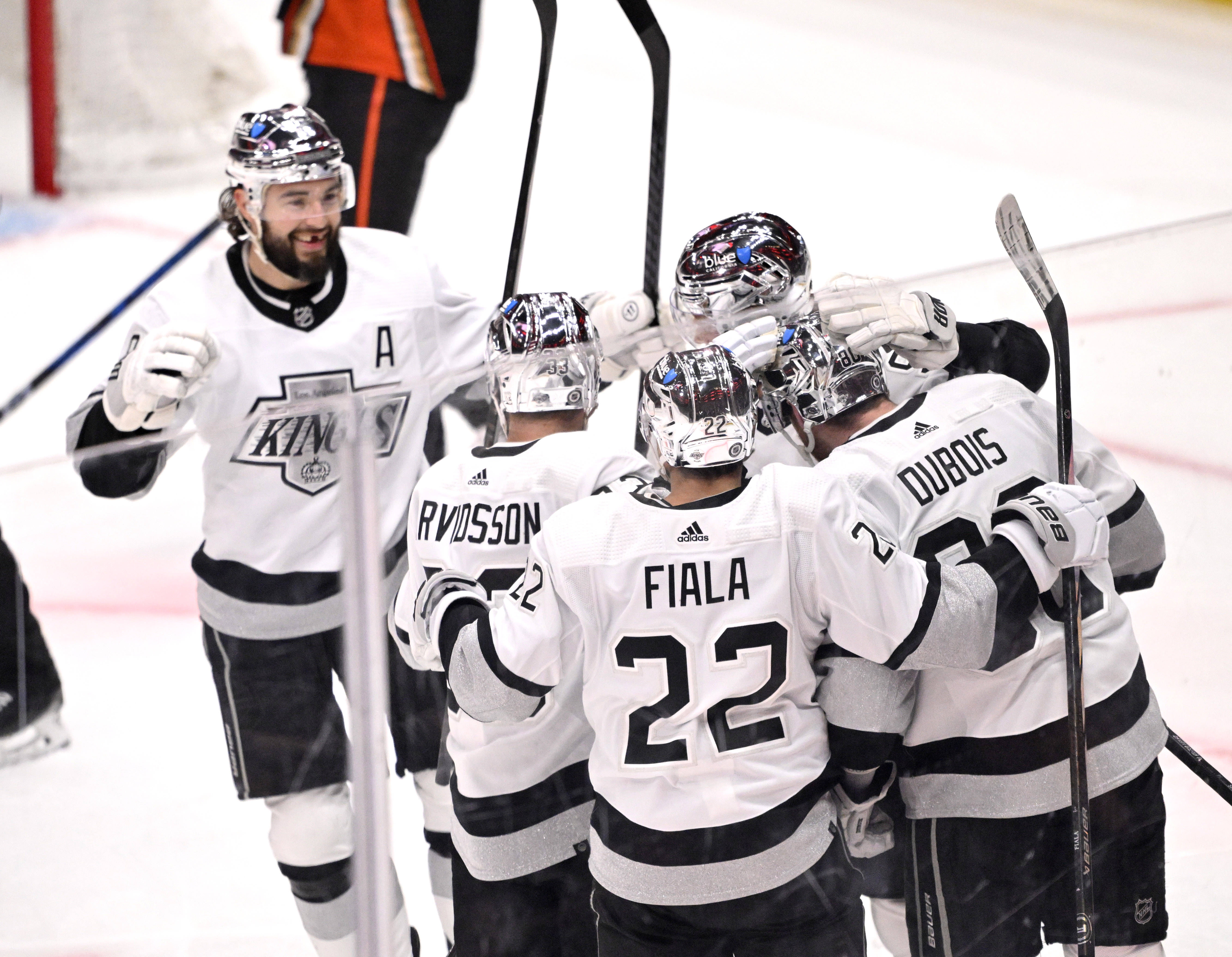 Pierre-Luc Dubois #80 of the Los Angeles Kings celebrates with...