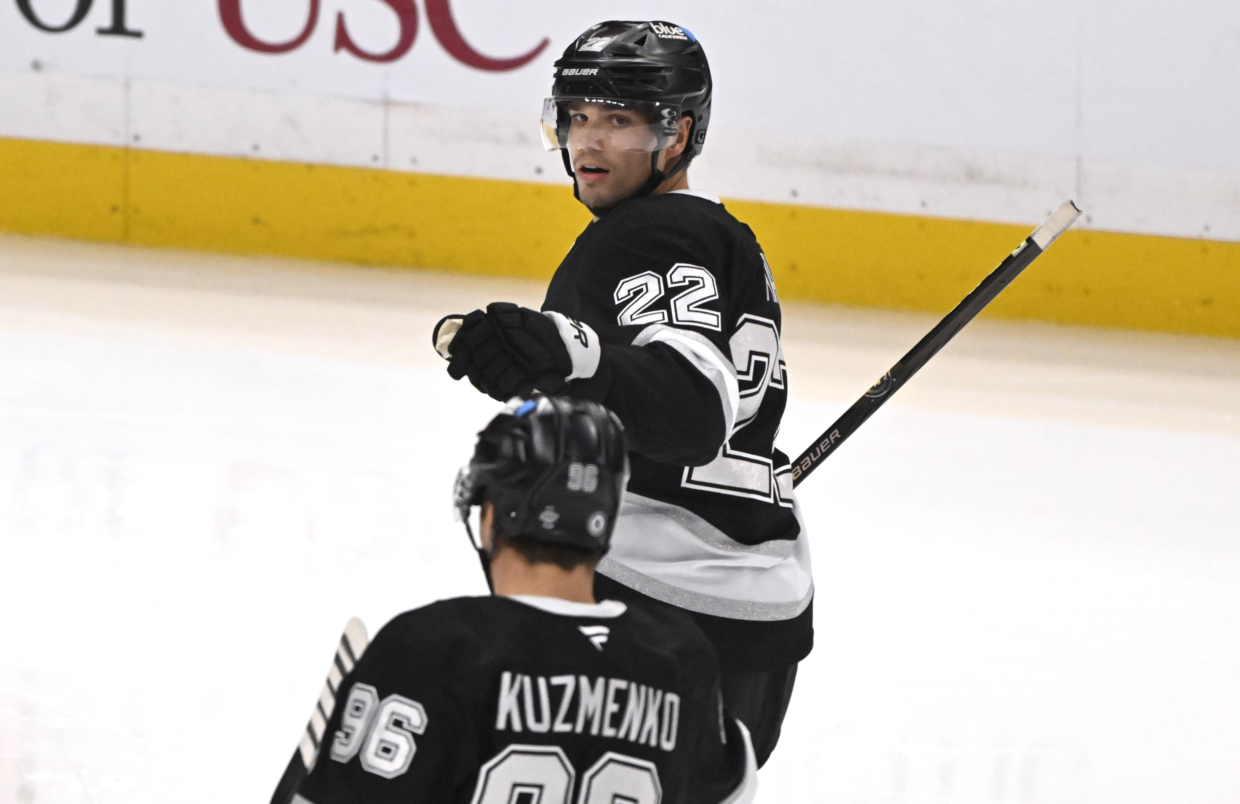 The Kings’ Kevin Fiala celebrates with teammate Andrei Kuzmenko after...