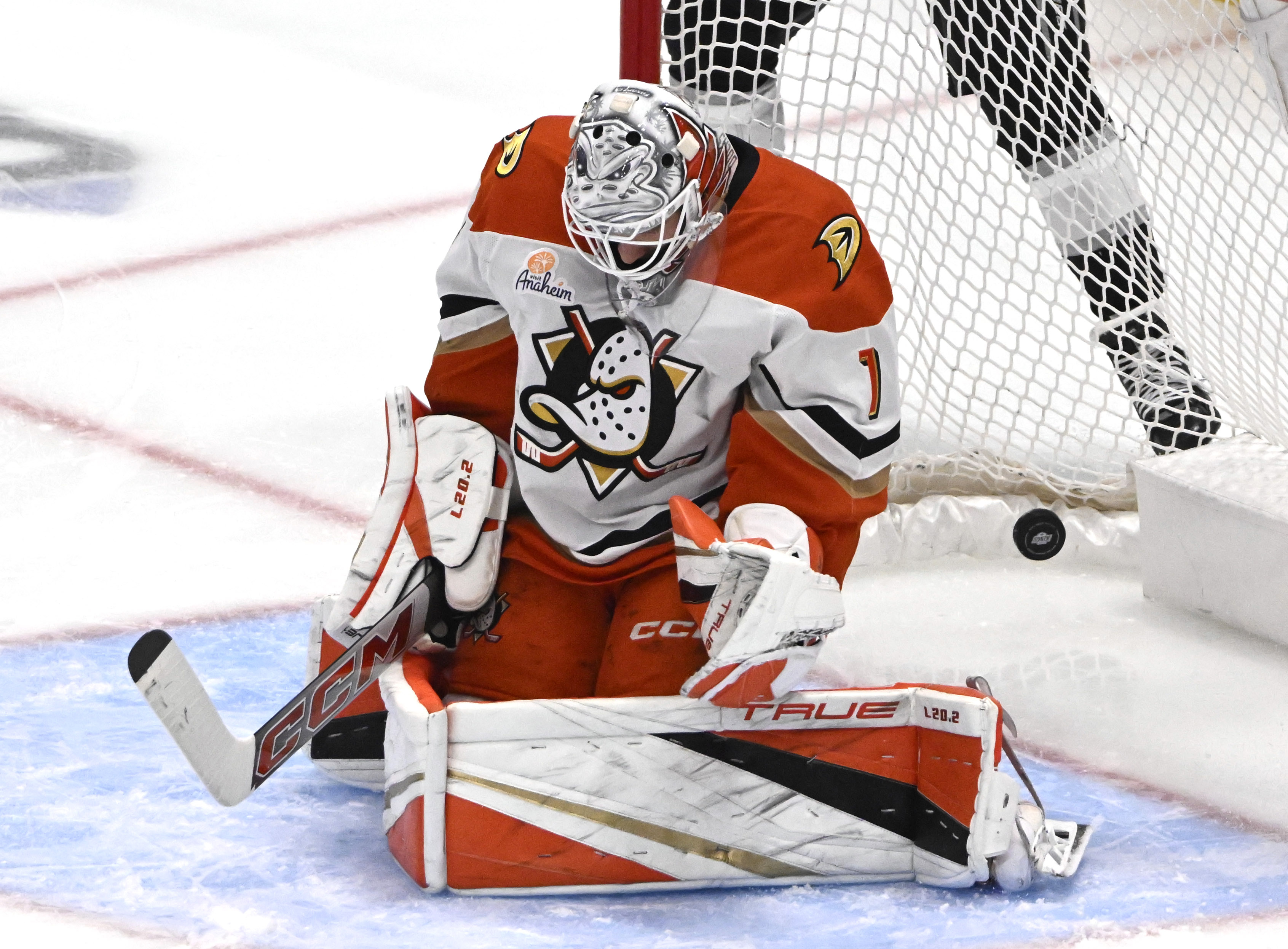 Ducks goaltender Lukas Dostal can’t stop a goal by the...