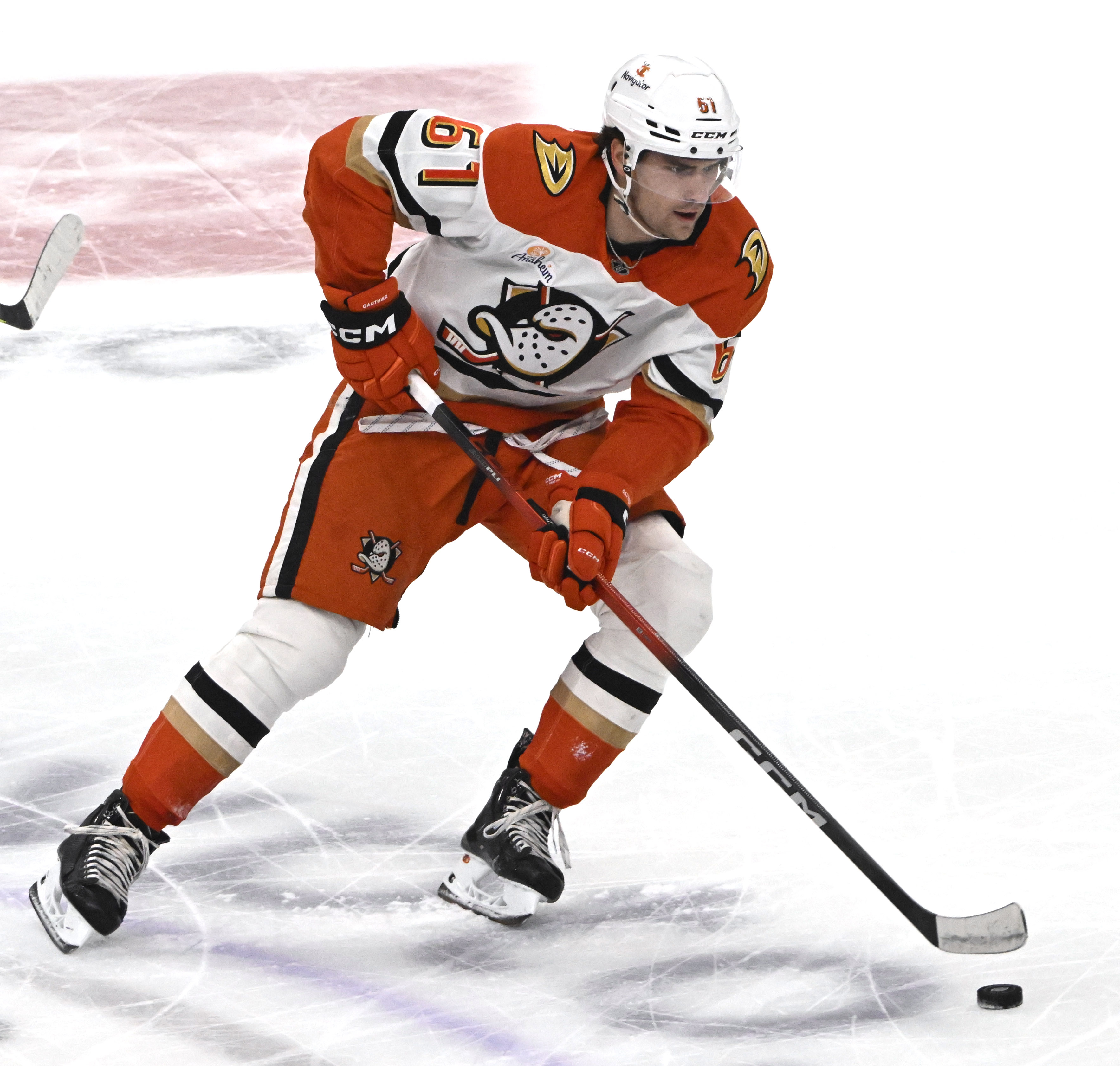 Ducks rookie Cutter Gauthier controls the puck during the first...