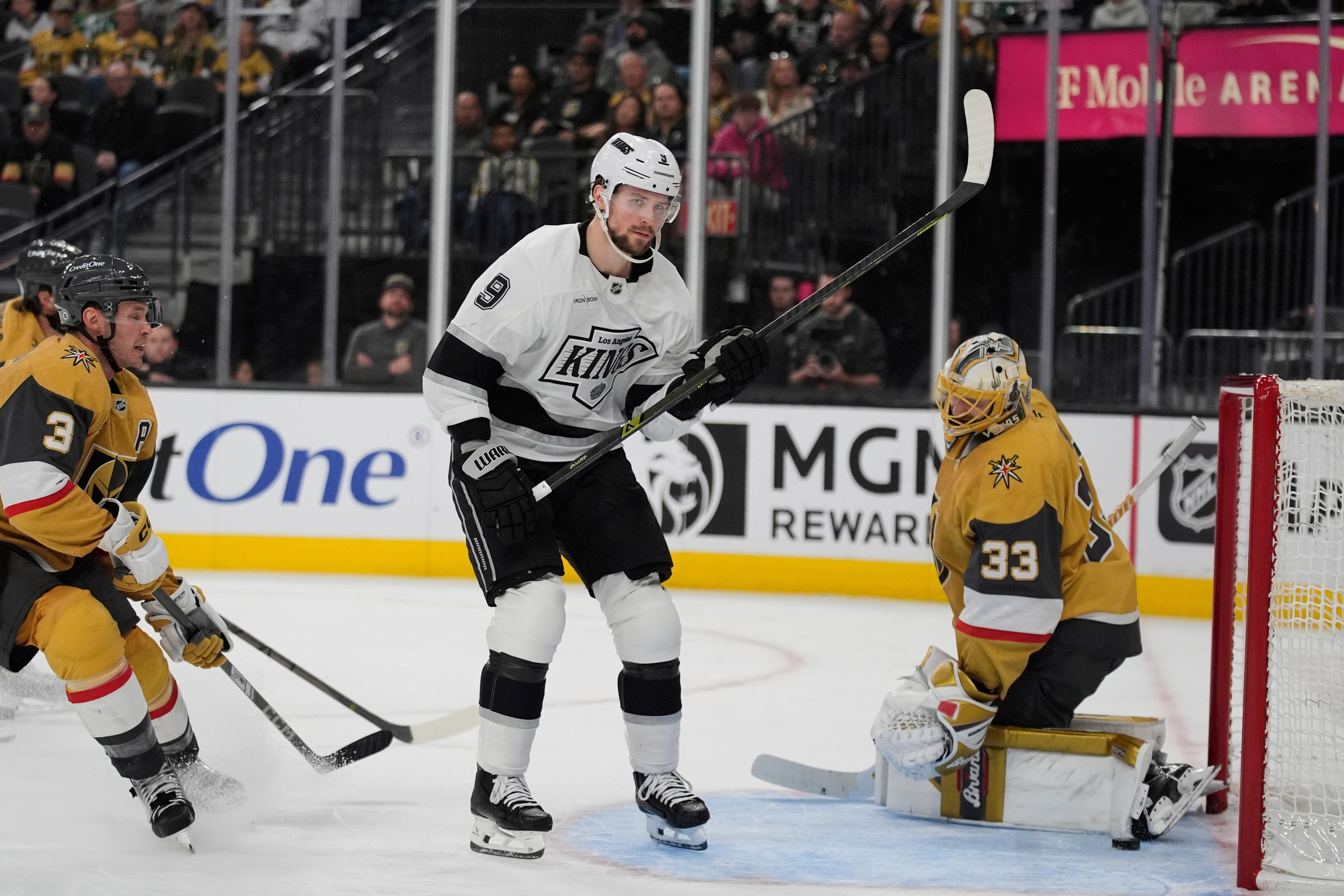 Kings right wing Adrian Kempe (9) scores against Vegas Golden...