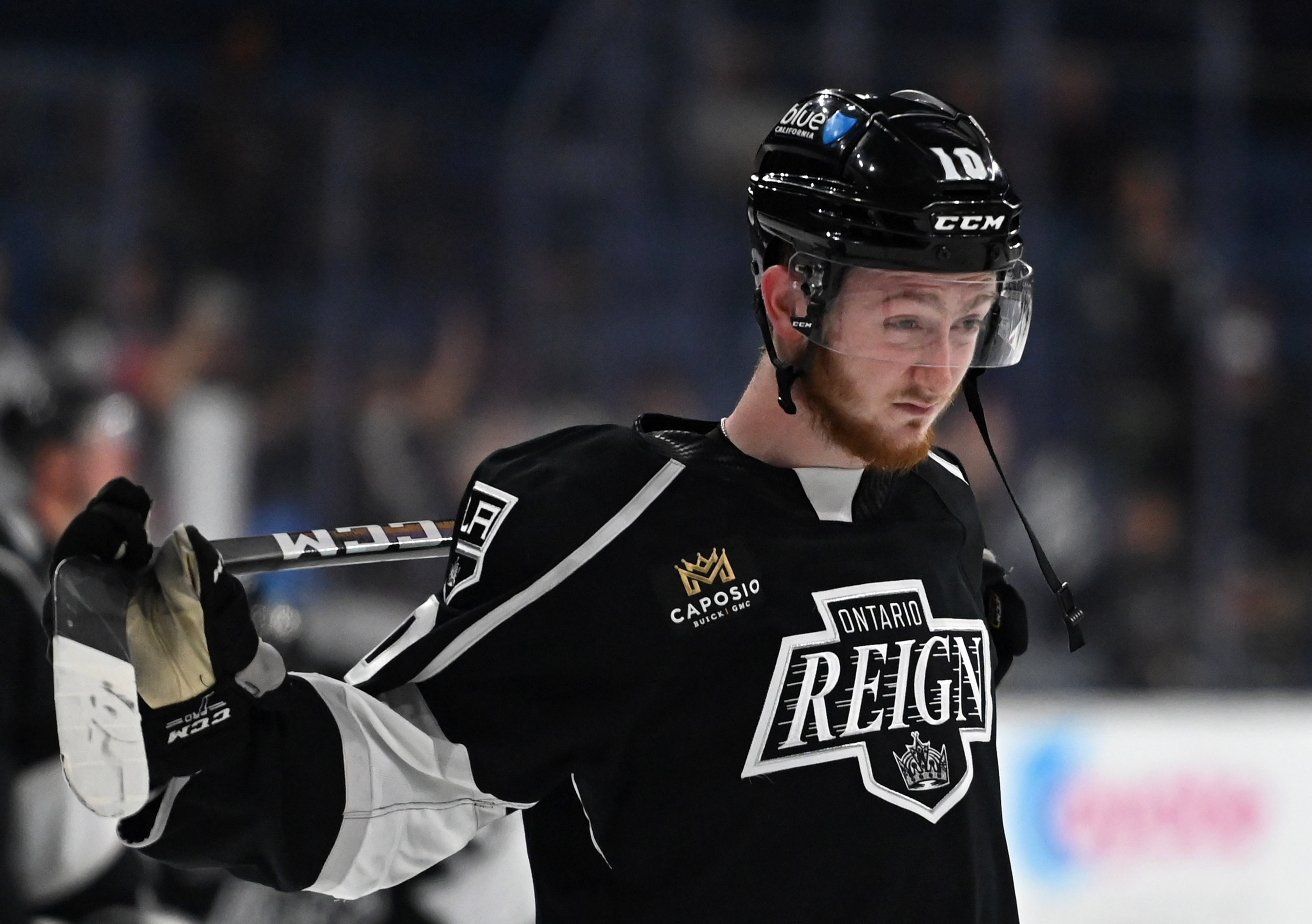Ontario Reign’s Tyler Madden react after losing to Coachella Valley...