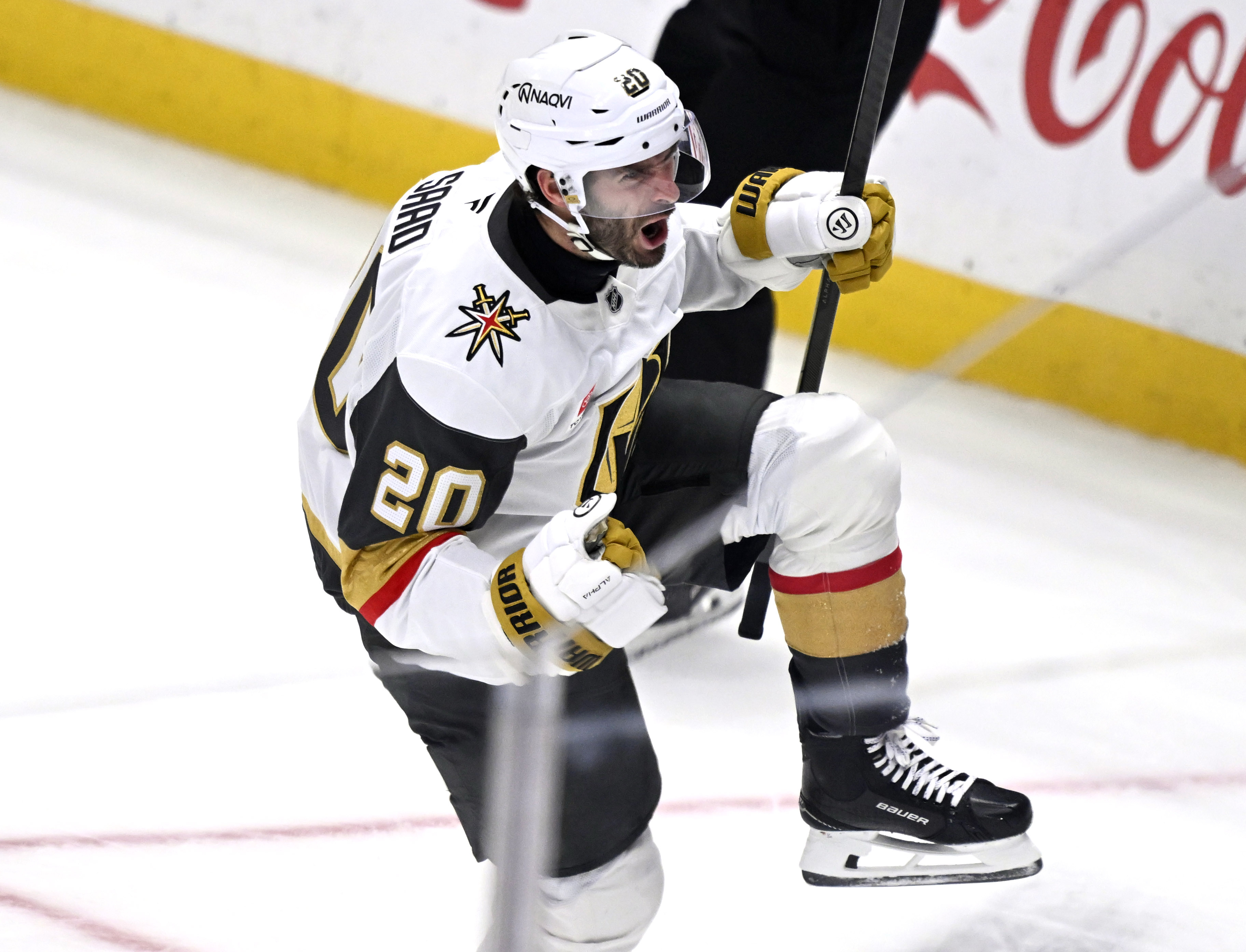 Vegas Golden Knights left wing Brandon Saad celebrates after scoring...