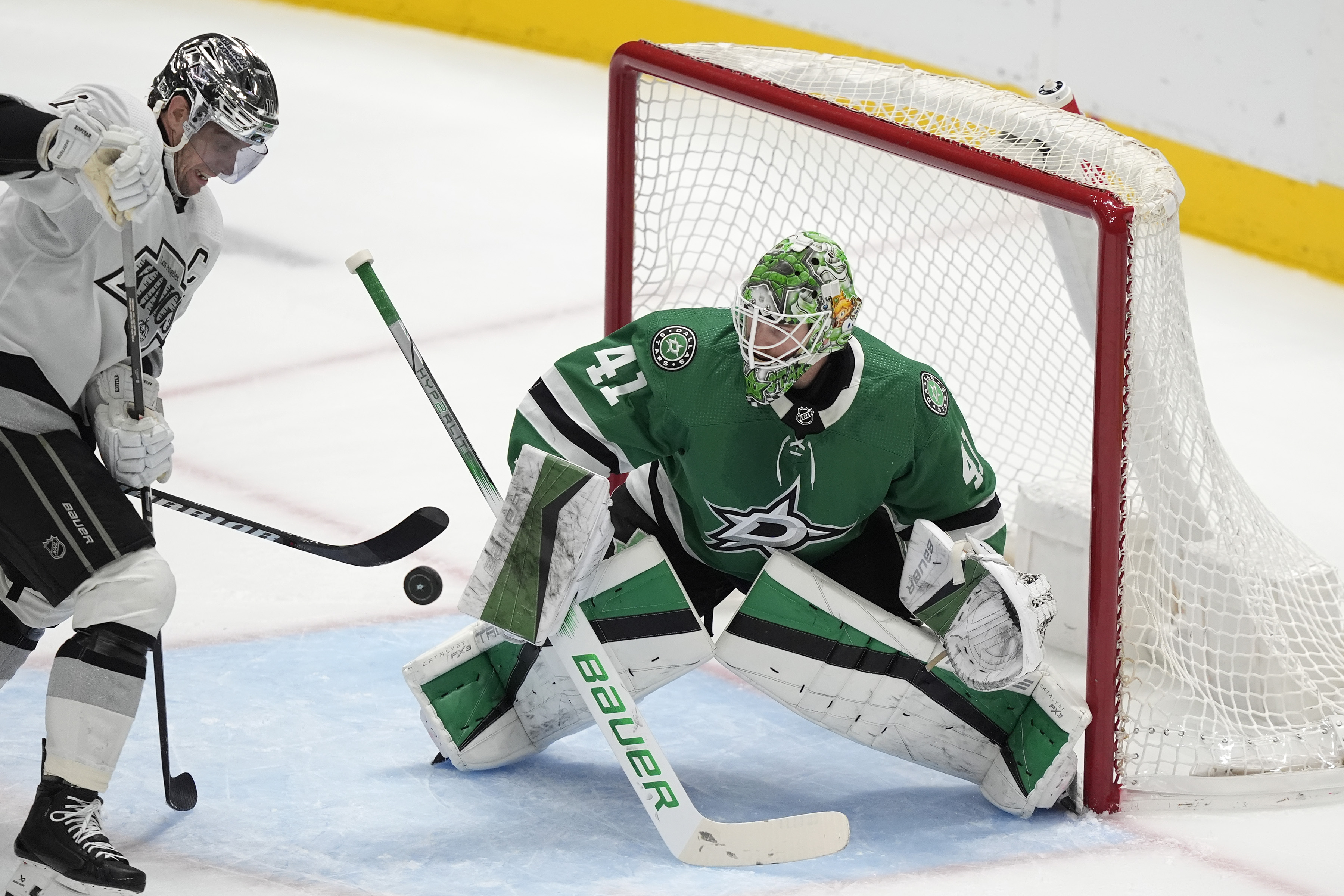 Dallas Stars goaltender Scott Wedgewood (41) defends the goal against...