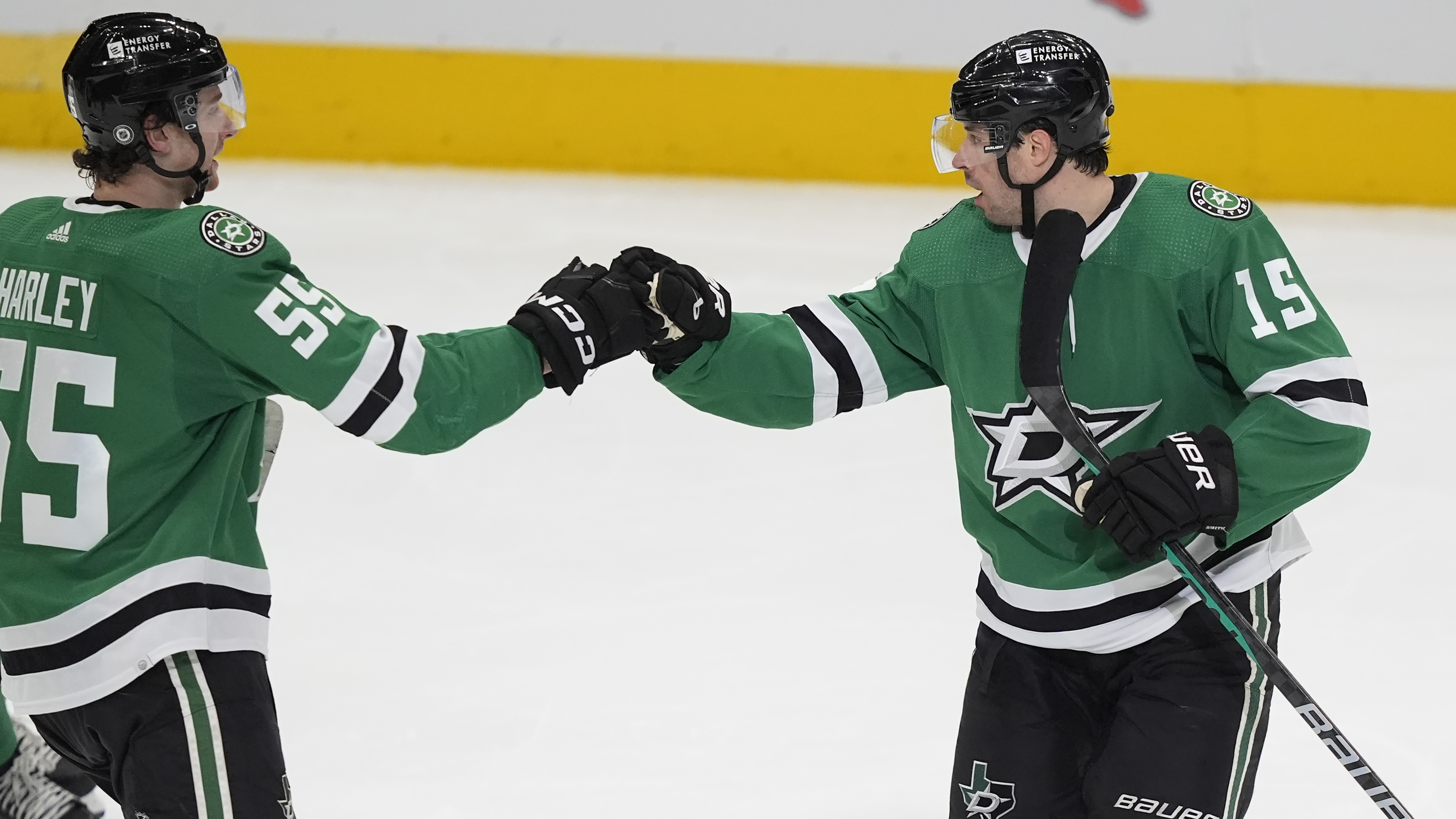 Dallas Stars center Craig Smith (15) celebrates his goal with...