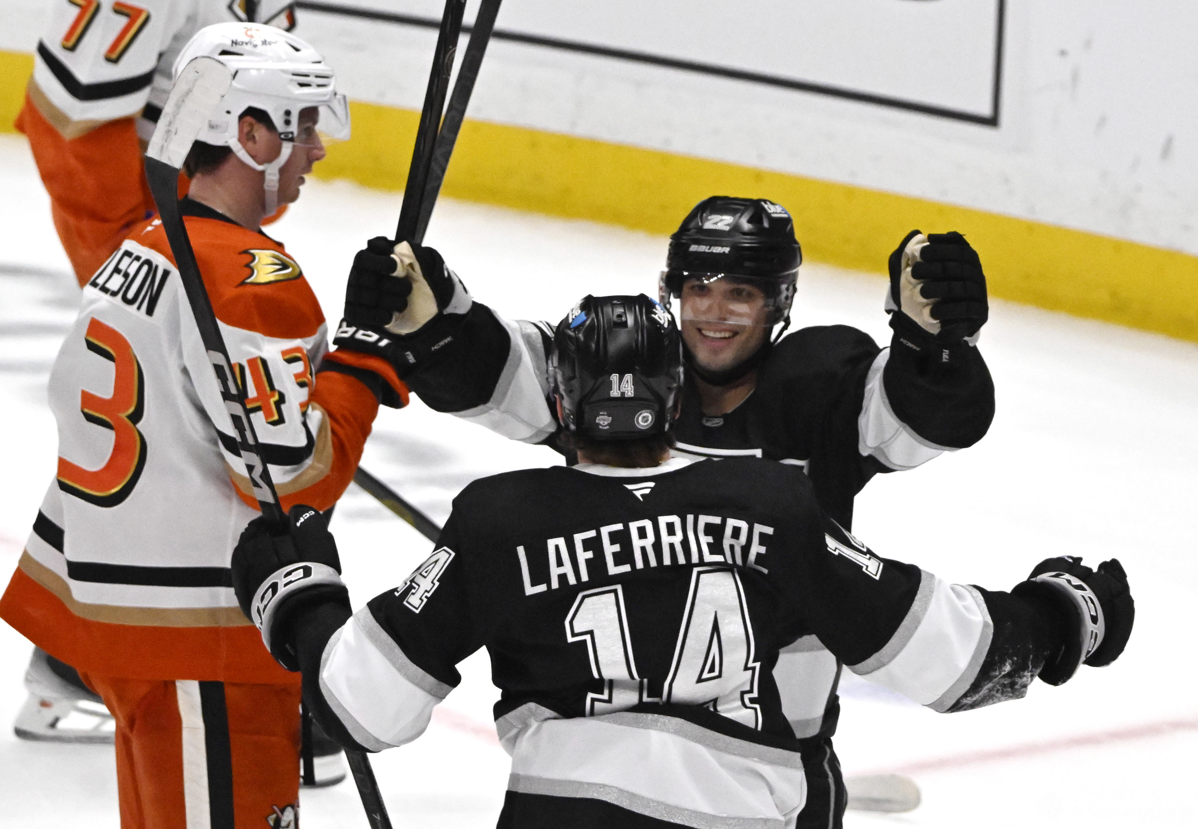 The Kings’ Alex Laferriere (14) celebrates with teammate Kevin Fiala...