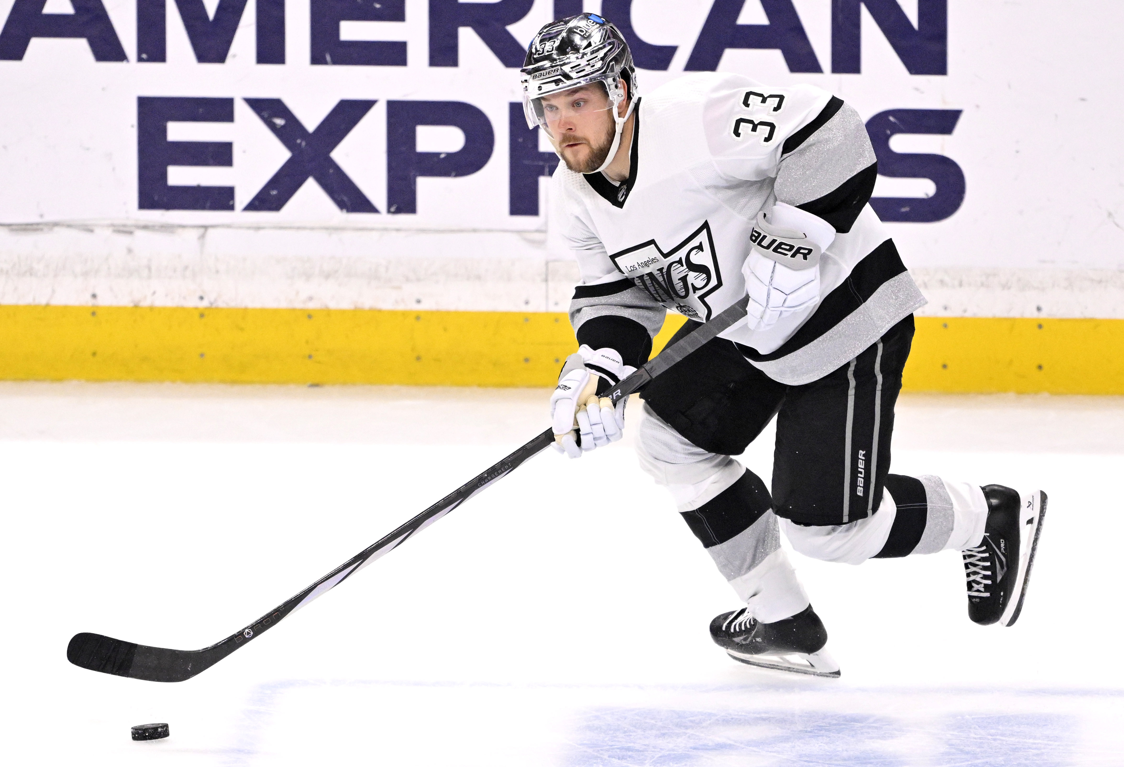 Viktor Arvidsson #33 of the Los Angeles Kings controls the...