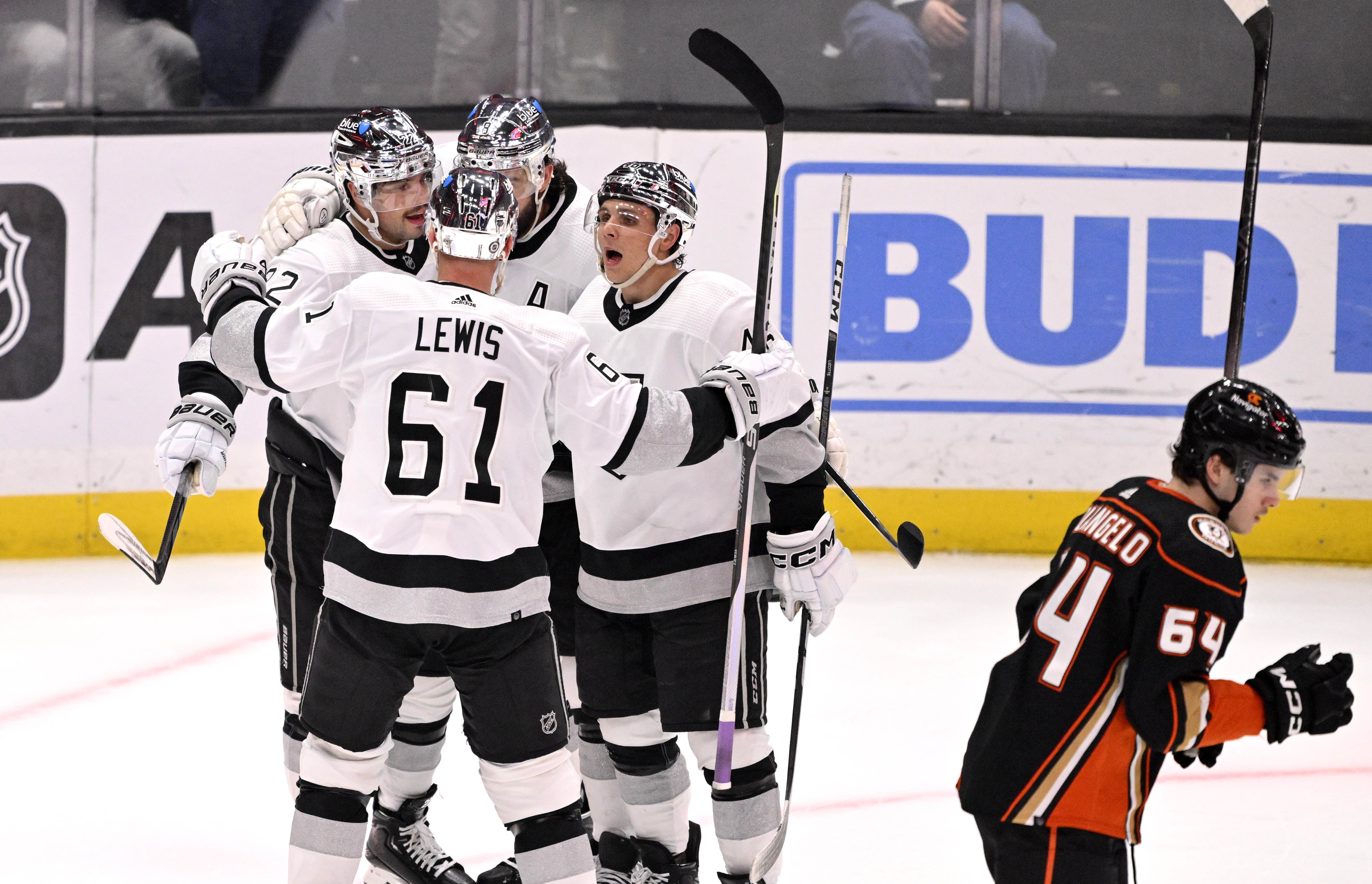 Kevin Fiala #22 of the Los Angeles Kings celebrates with...