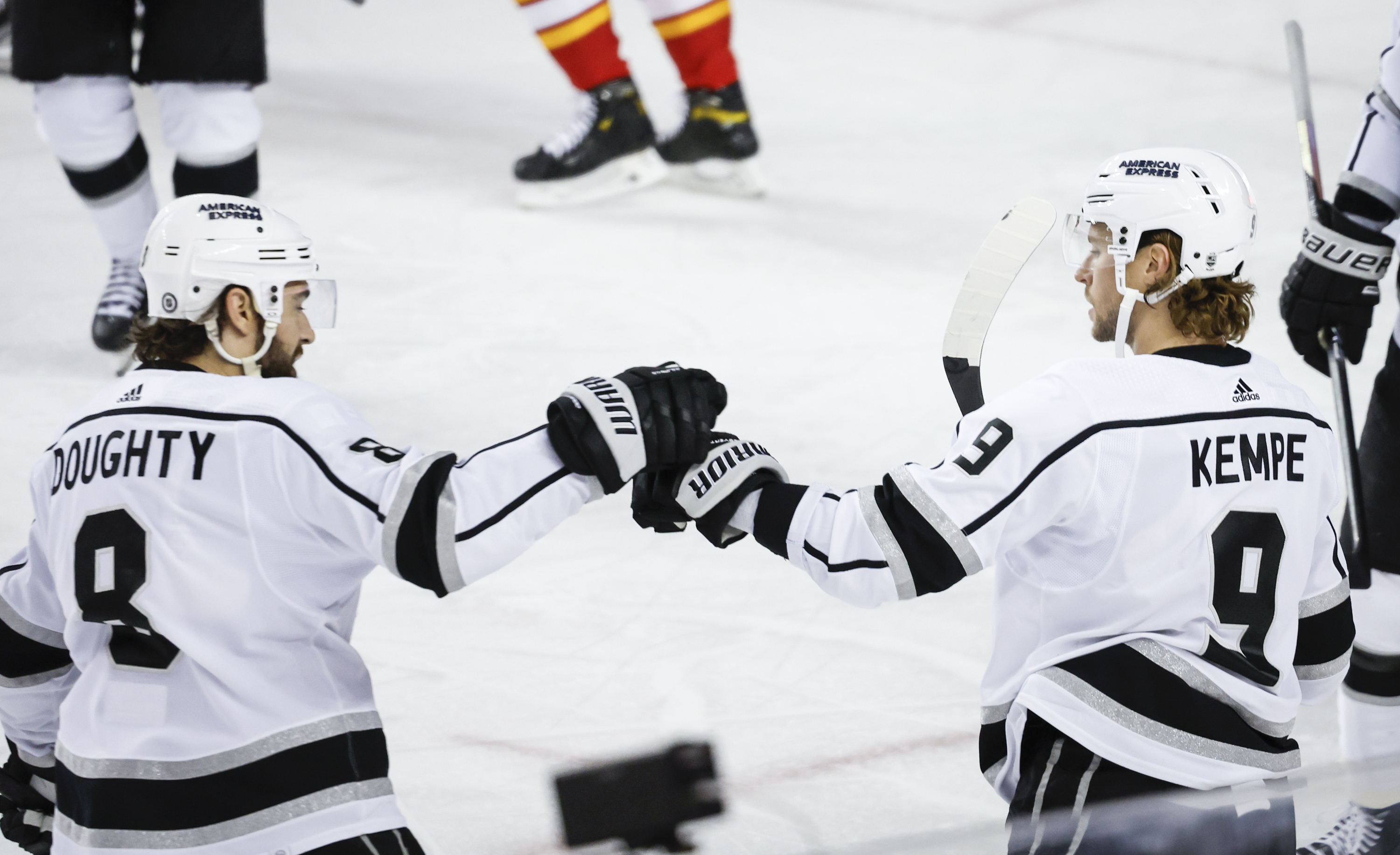 Los Angeles Kings forward Adrian Kempe (9) celebrates his goal...