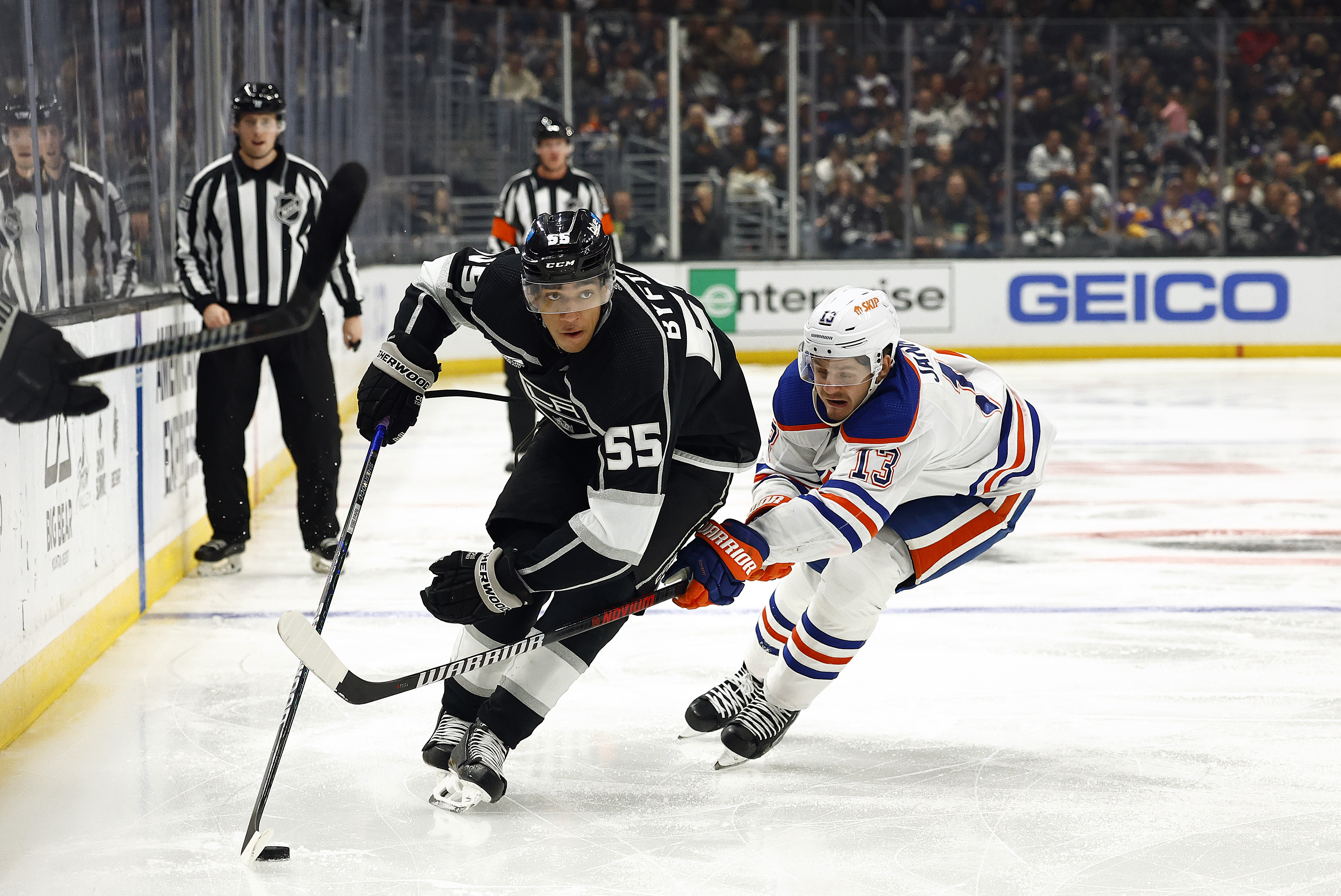 Quinton Byfield #55 of the Los Angeles Kings skates the...