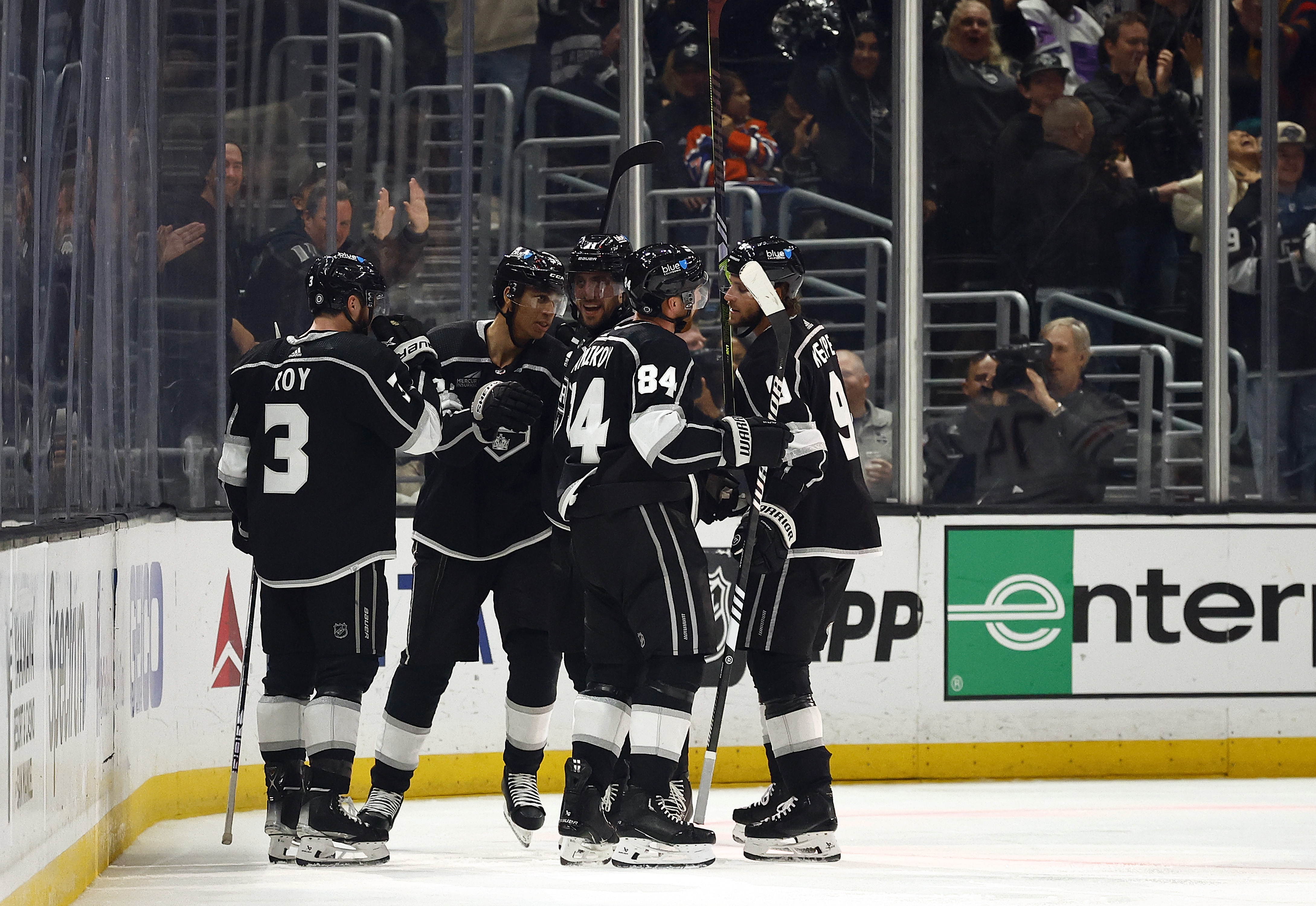 Quinton Byfield #55 of the Los Angeles Kings celebrates a...